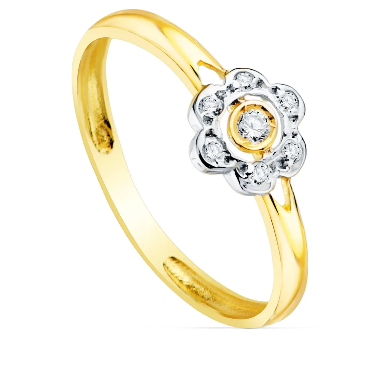 Anillo oro bicolor infantil flor con circonitas