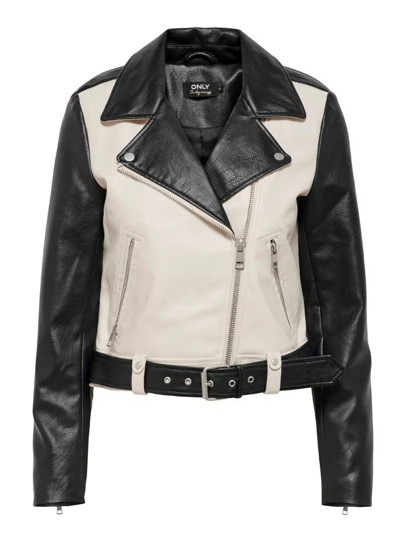 Chaqueta biker negra y blanca de cuero sintético