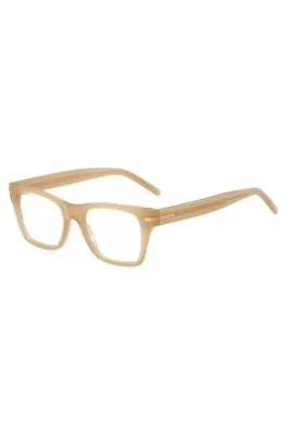 Montura para gafas graduadas de acetato beige con detalle dorado de la marca