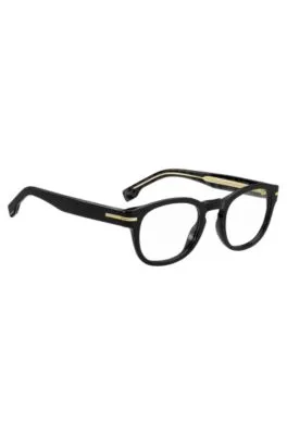 Montura para gafas graduadas de acetato negro con detalle dorado de la marca