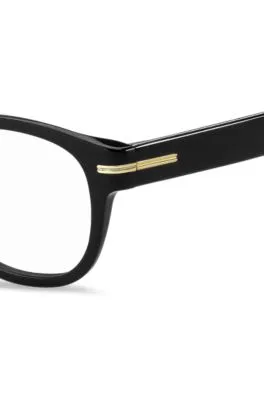 Montura para gafas graduadas de acetato negro con detalle dorado de la marca